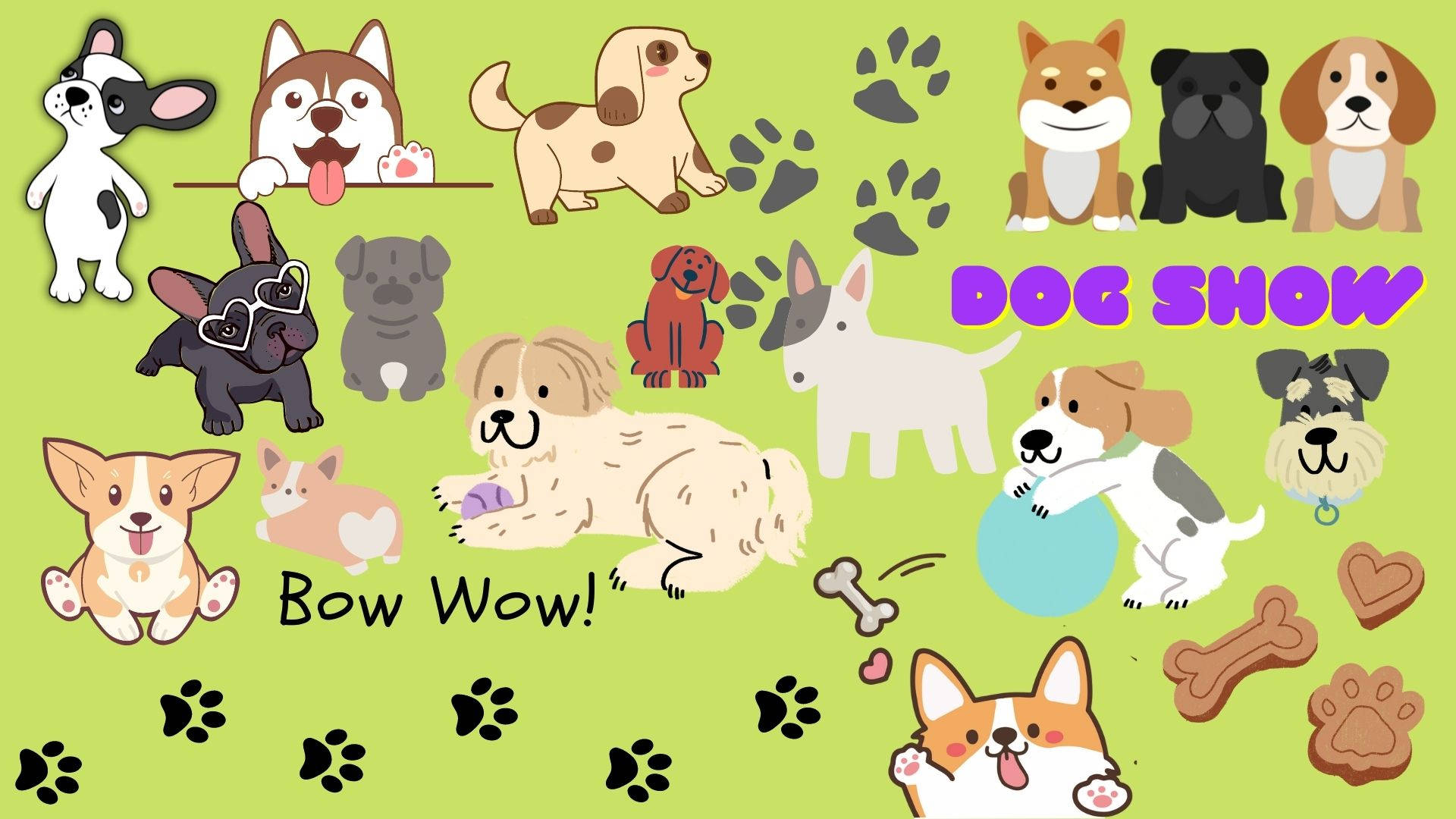 dog, cartoon collage, diverse dog breeds, Full HD Desktop Wallpaper