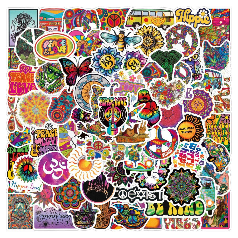 hippie aesthetic, psychedelic stickers, peace signs, SD Desktop Wallpaper