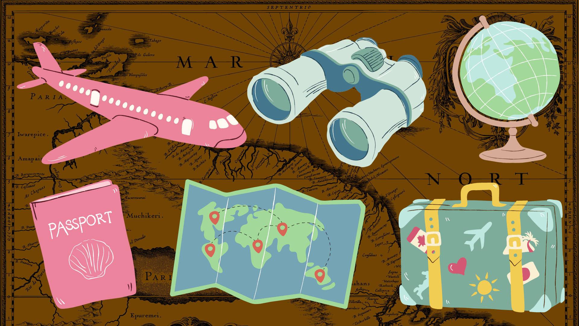 pink airplane, binoculars, globe, Full HD Desktop Wallpaper