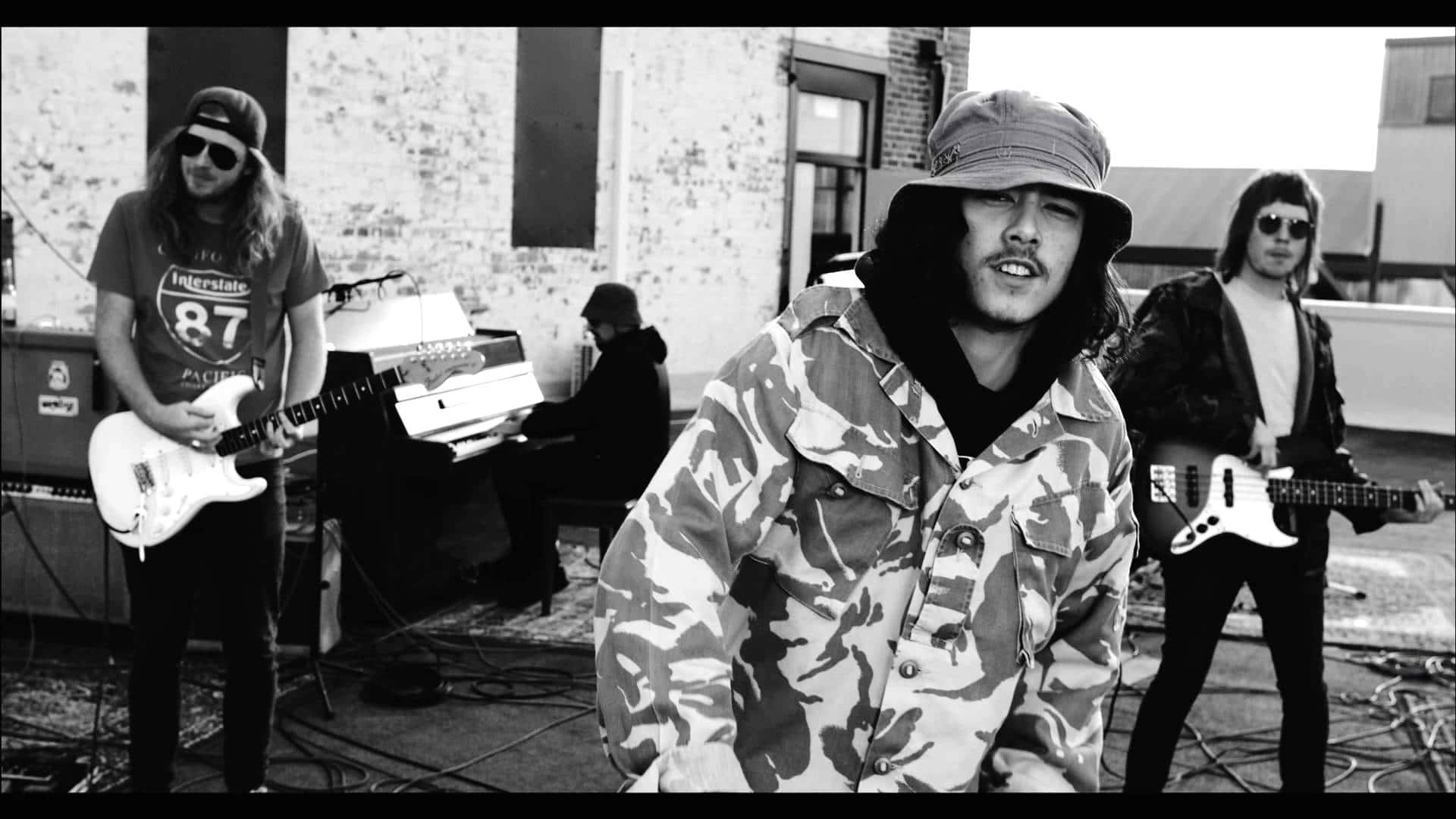 Sticky Fingers, black and white photo, band performing outdoors, Full HD Desktop Wallpaper
