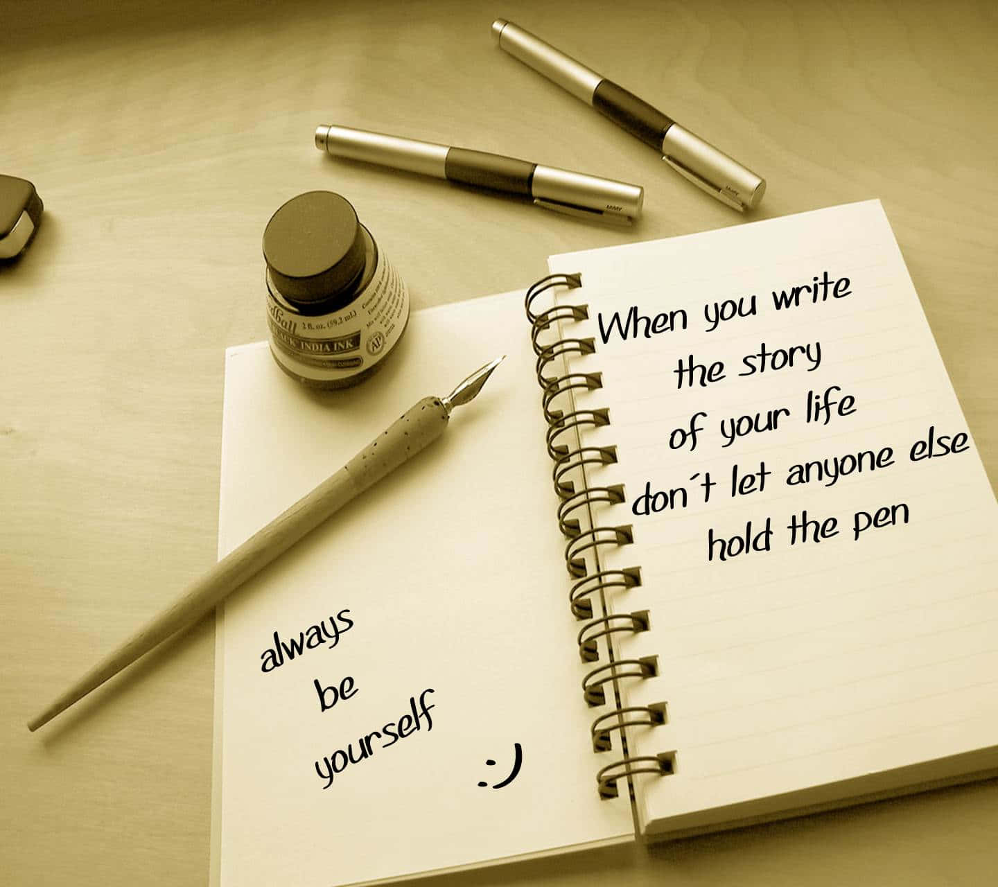 fountain pen ink bottle, notebook, handwritten motivational quotes, HD Desktop Wallpaper