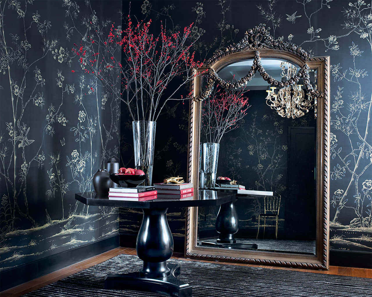 gilded mirror, sleek black table, red branches, HD Desktop Wallpaper