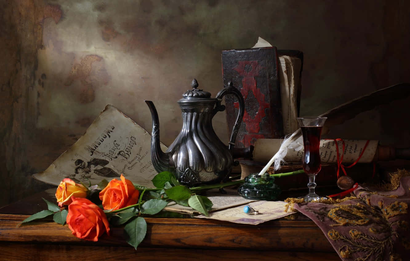 vintage desk, silver teapot, vibrant orange roses, HD Desktop Wallpaper