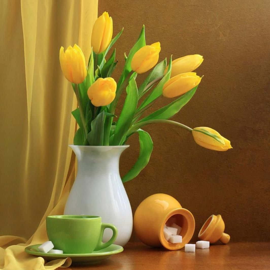 yellow tulips, white vase, green cup, SD Desktop Wallpaper