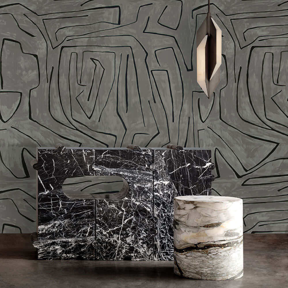 black marble cabinet, white marble side table, gray wall, SD Desktop Wallpaper