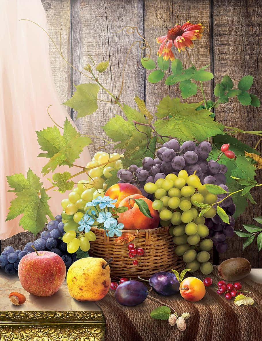 fruit basket, grapes, apples, SD Phone Wallpaper