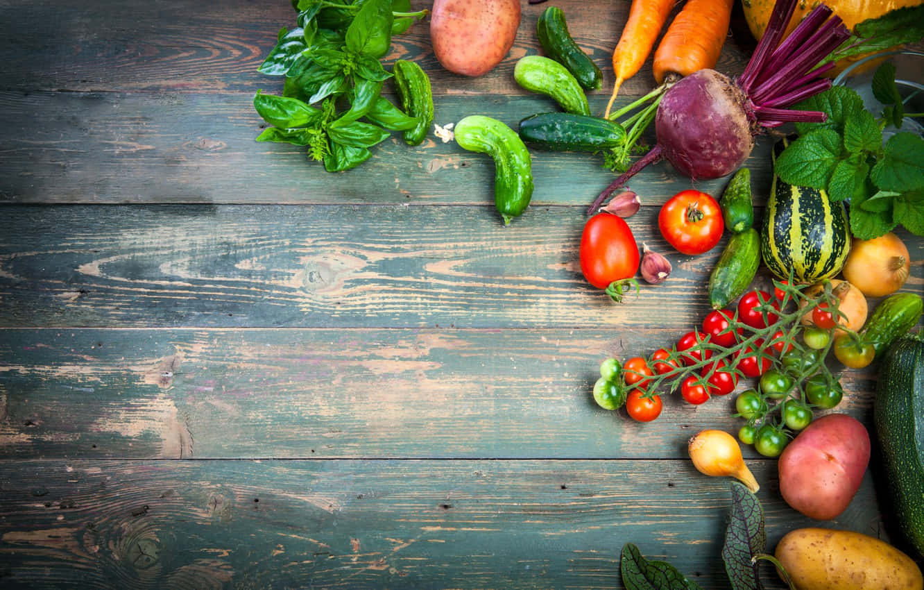 fresh vegetables, herbs, weathered rustic wooden surface, HD Desktop Wallpaper