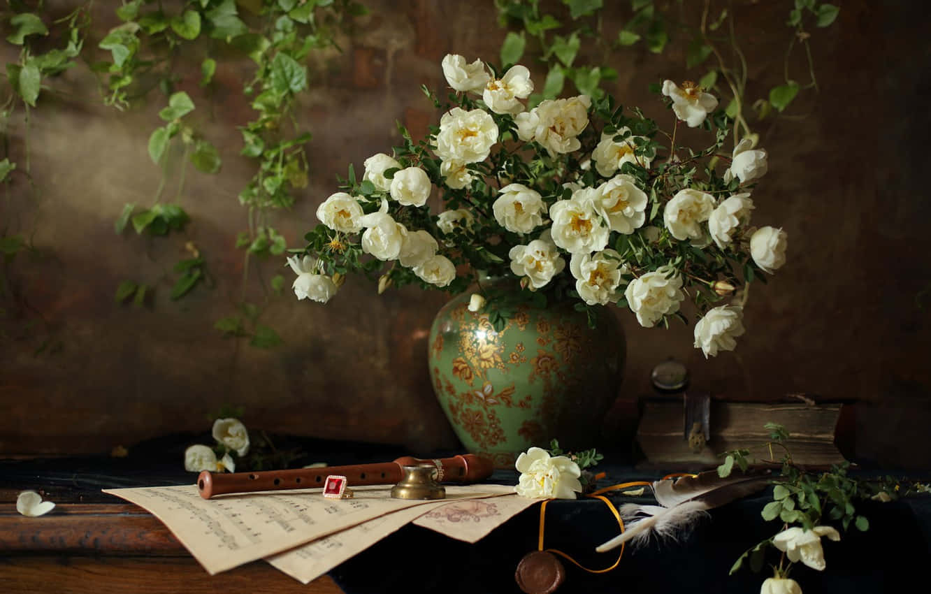 white roses, green patterned vase, wooden table, HD Desktop Wallpaper
