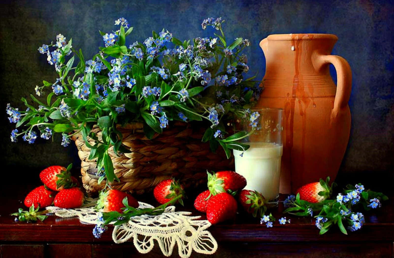 strawberry flowers still life art, fresh strawberries, milk glass terracotta jug, HD Desktop Wallpaper
