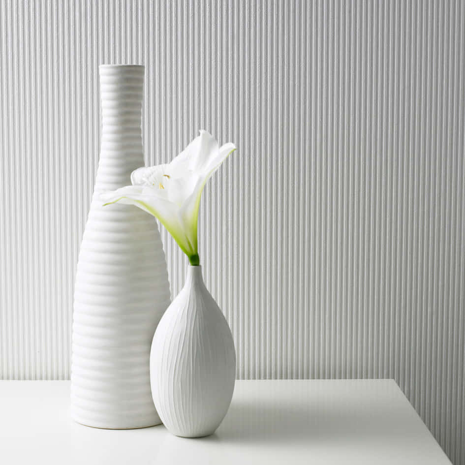 white lily, white textured vases, striped gray wall, SD Desktop Wallpaper