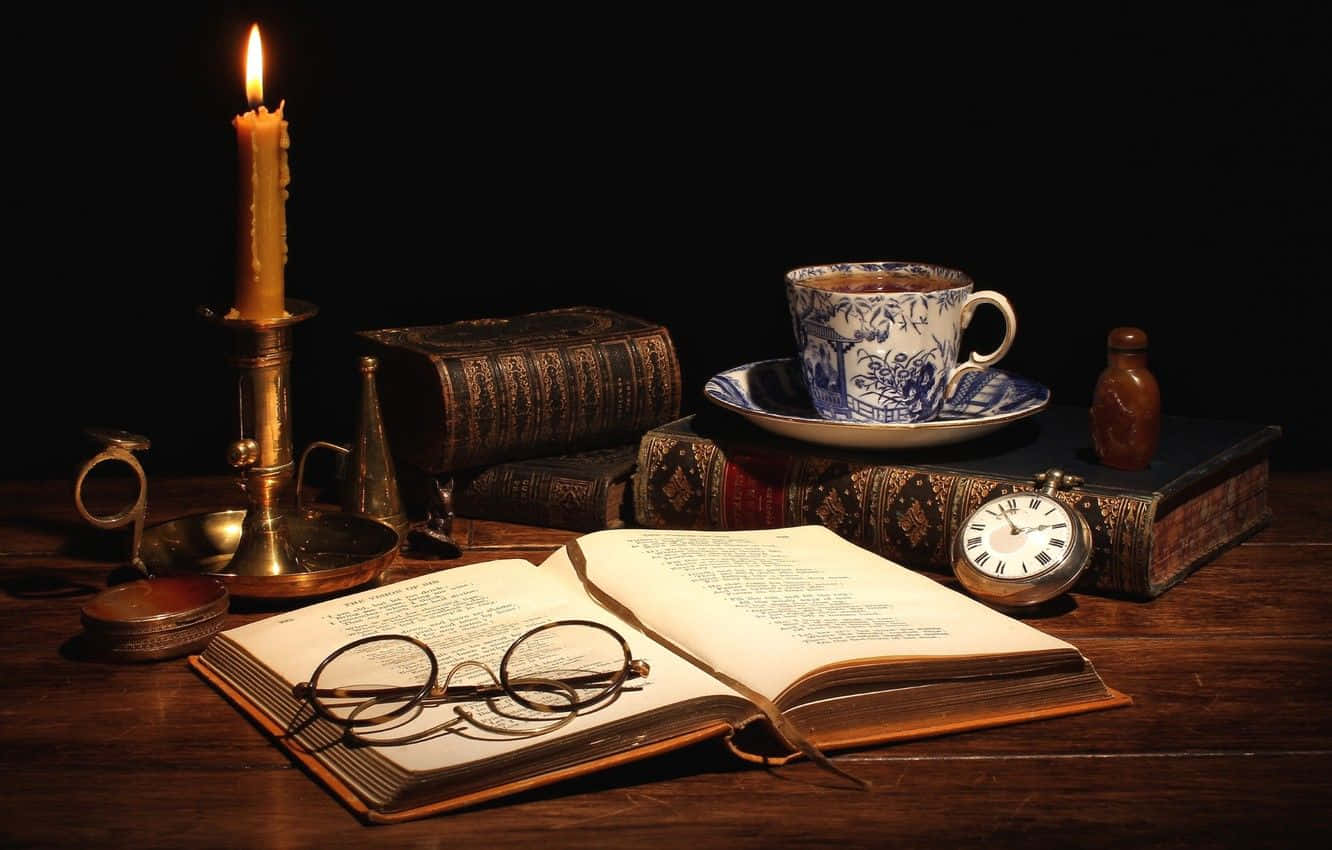 vintage writing desk, warmly lit, antique books, HD Desktop Wallpaper