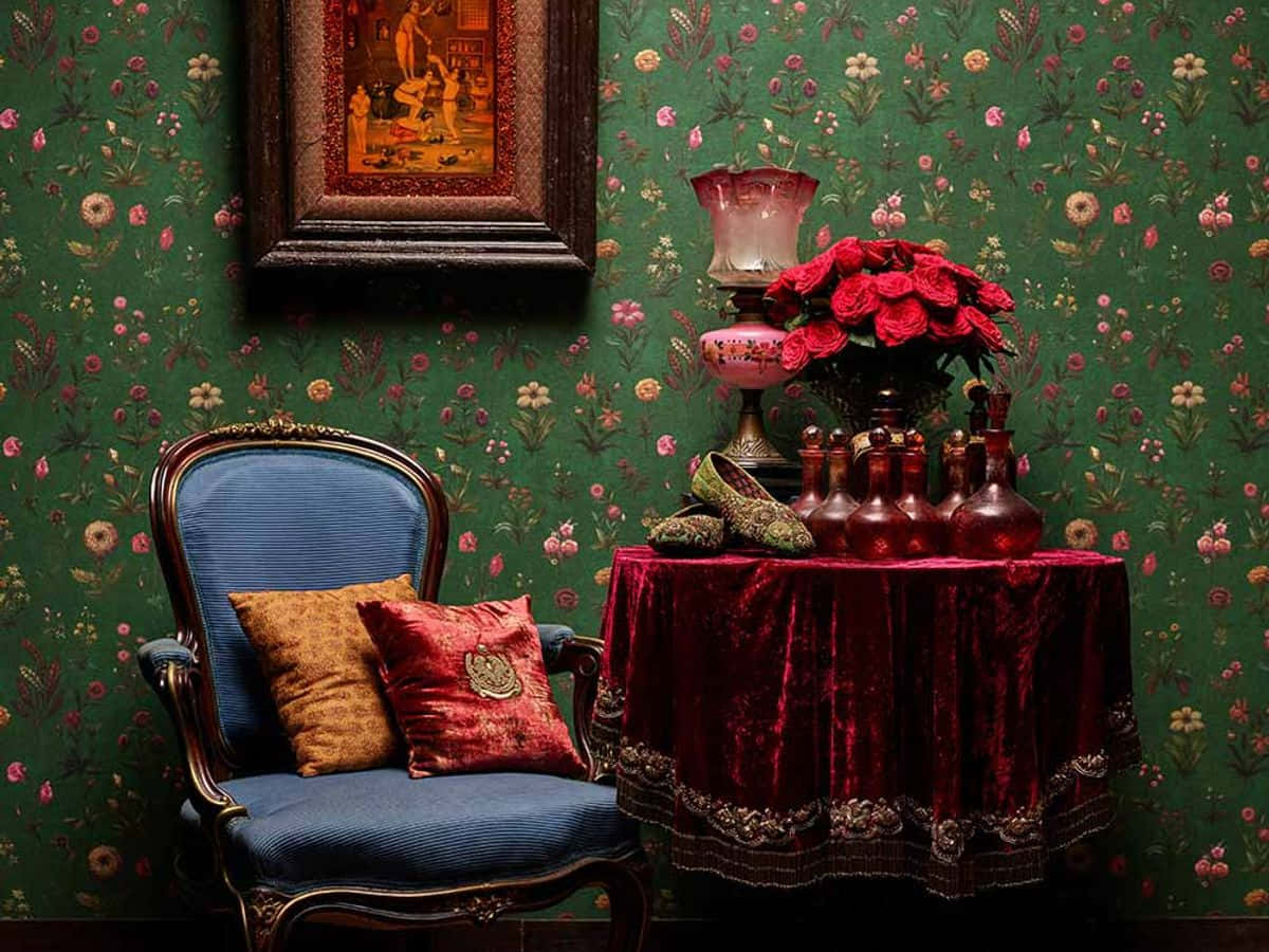 blue chair, velvet cushions, rich red table, SD Desktop Wallpaper