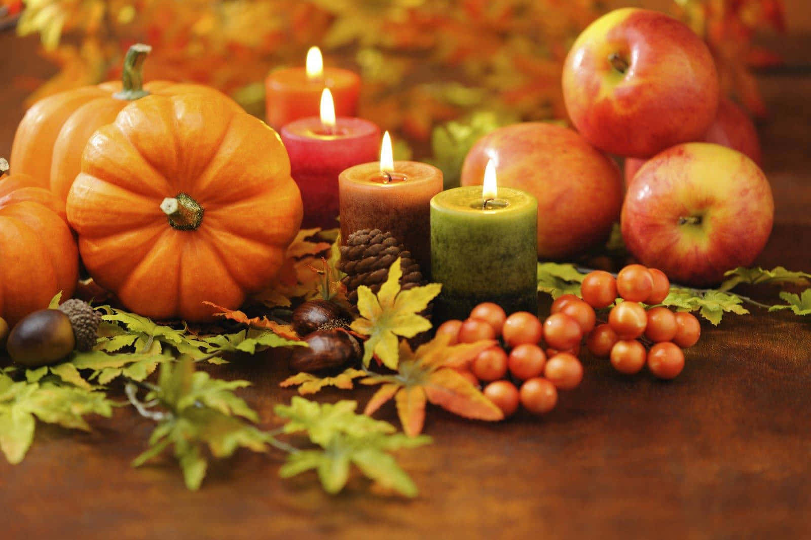 pumpkin, candles, apples, HD Desktop Wallpaper