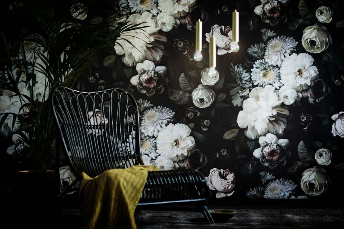 black wire chair, yellow fabric, dark floral wallpaper, SD Desktop Wallpaper