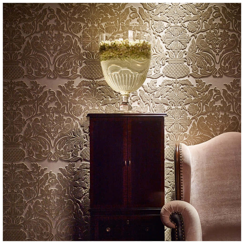 dark wood cabinet, glass vase, water, SD Desktop Wallpaper