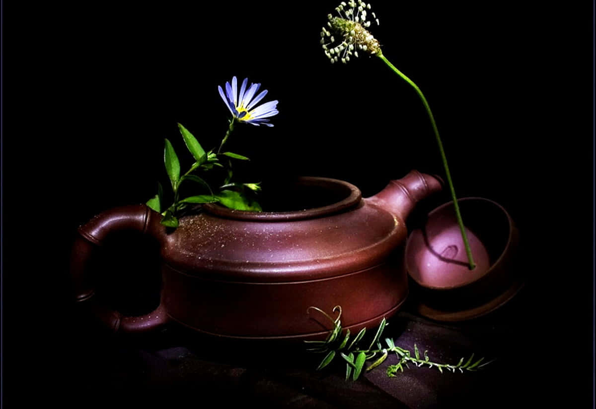 lavender tea, rustic brown teapot, delicate blue flower, SD Desktop Wallpaper