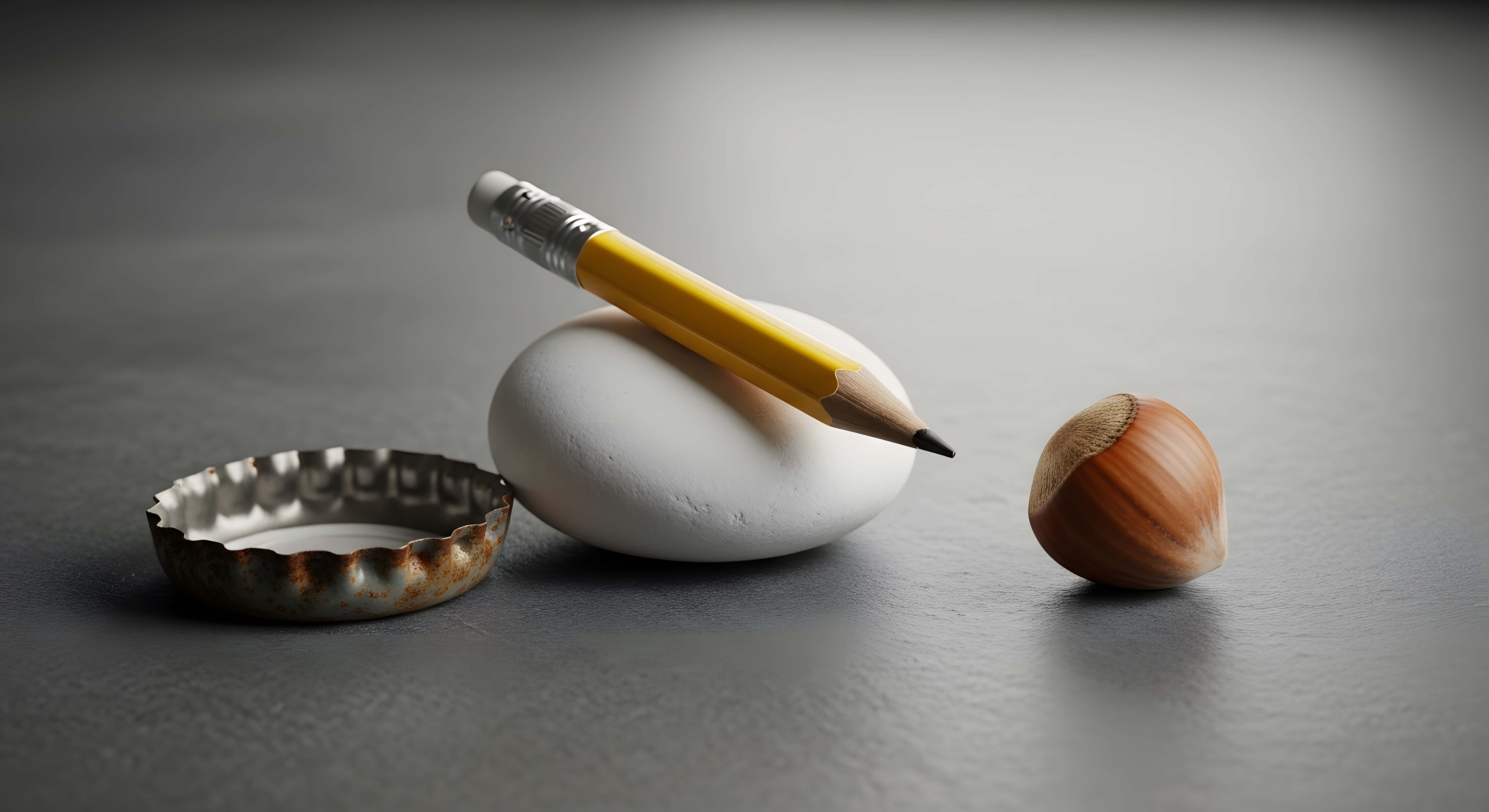 yellow pencil, white egg, rusty bottle cap, 5K Desktop Wallpaper