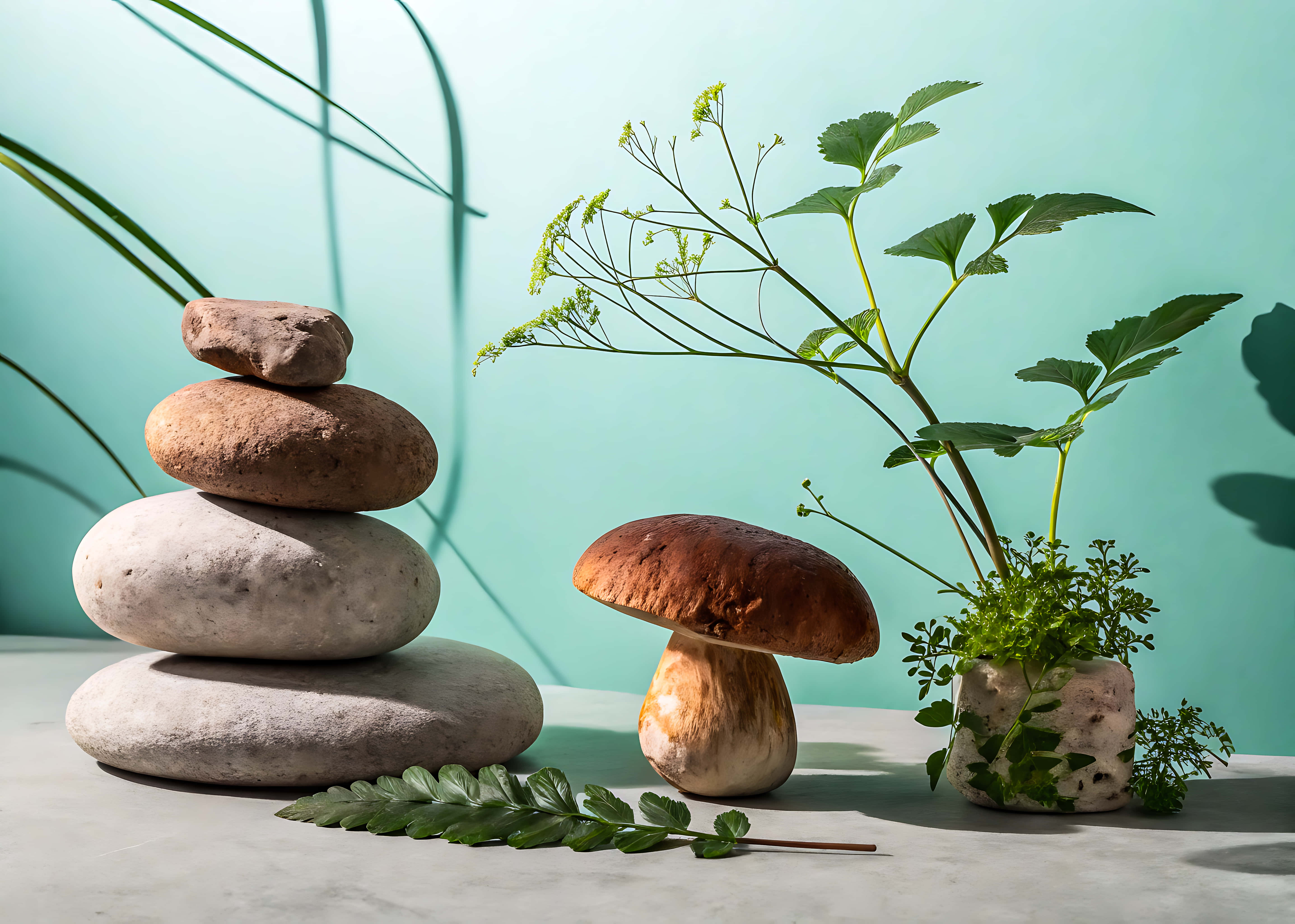 smooth stones, brown mushroom, potted greenery, 5K Desktop Wallpaper