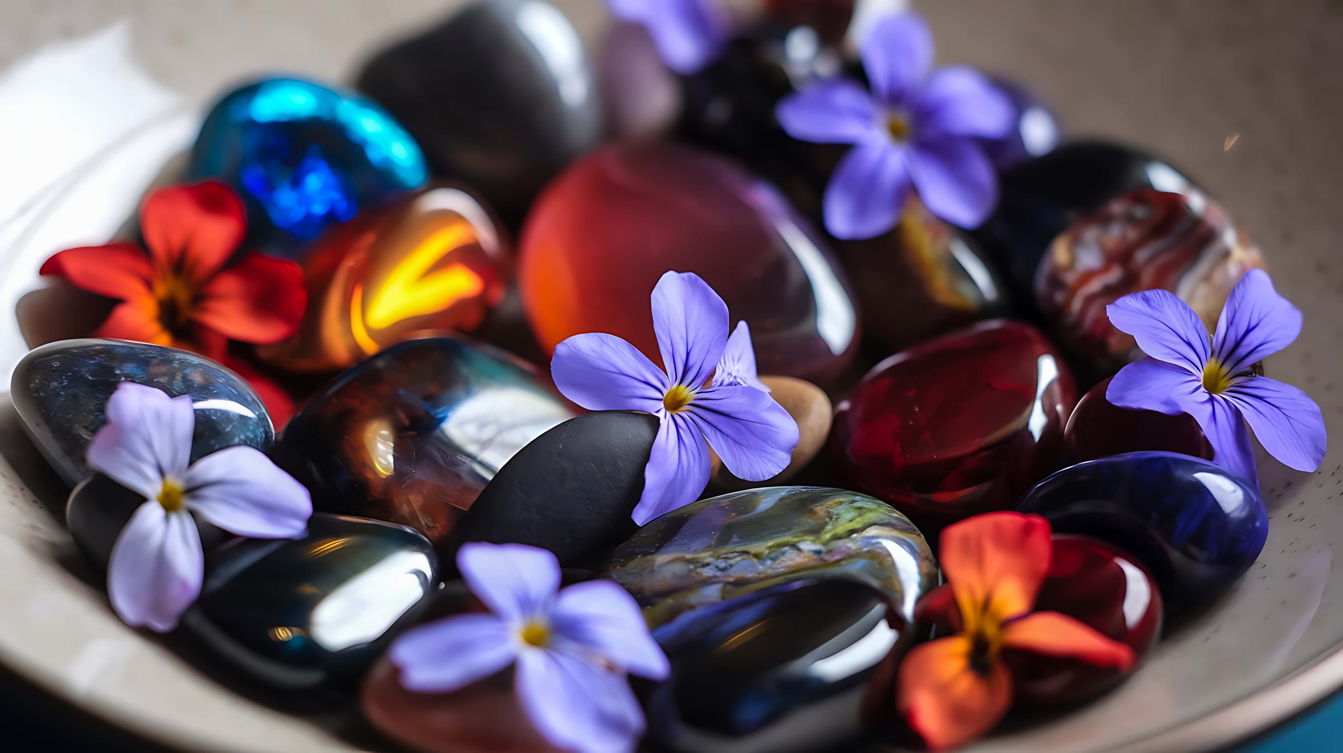 polished stones, flowers, shallow bowl, 5K Desktop Wallpaper