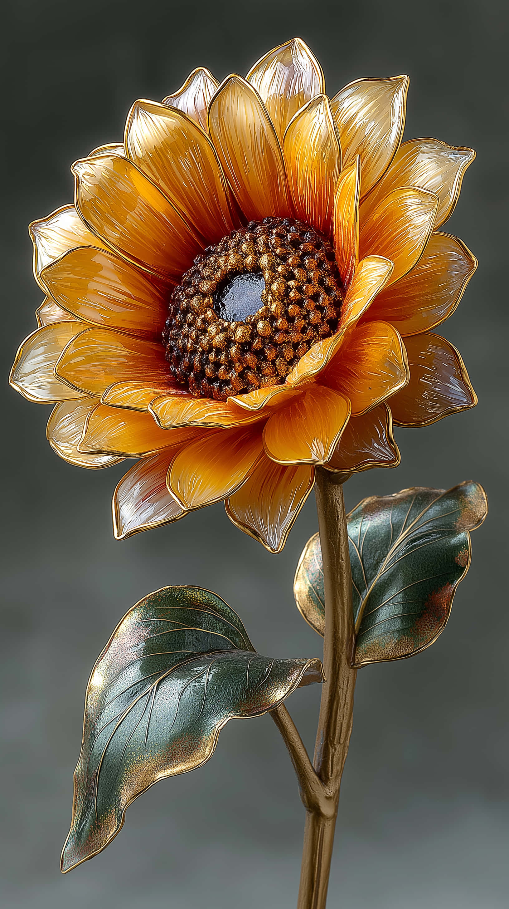 vibrant lacquer flower sculpture, pearlescent petals, metallic sunflower sculpture, 2K Phone Wallpaper