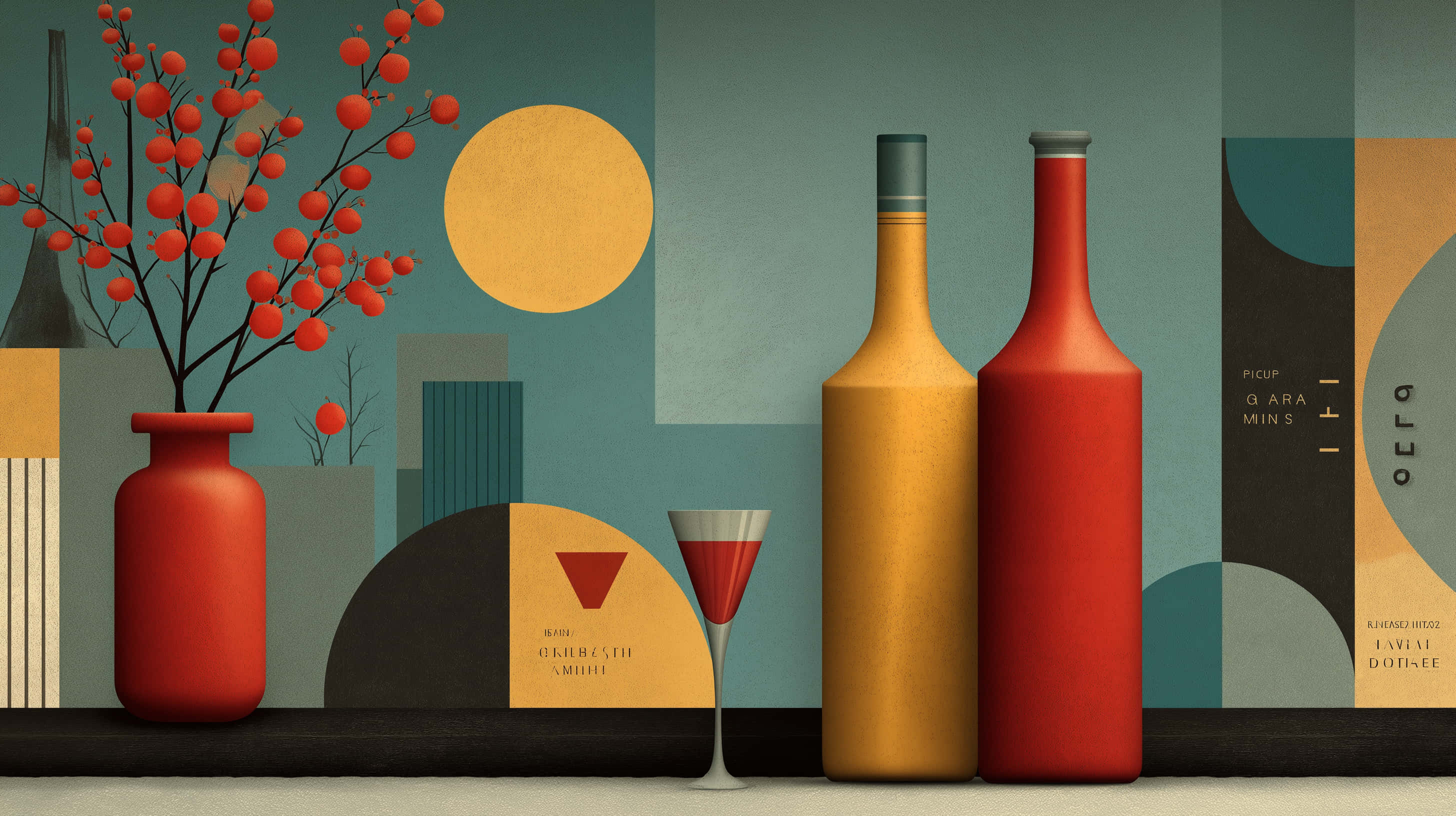 retro still life, bottles, berries, 2K Desktop Wallpaper