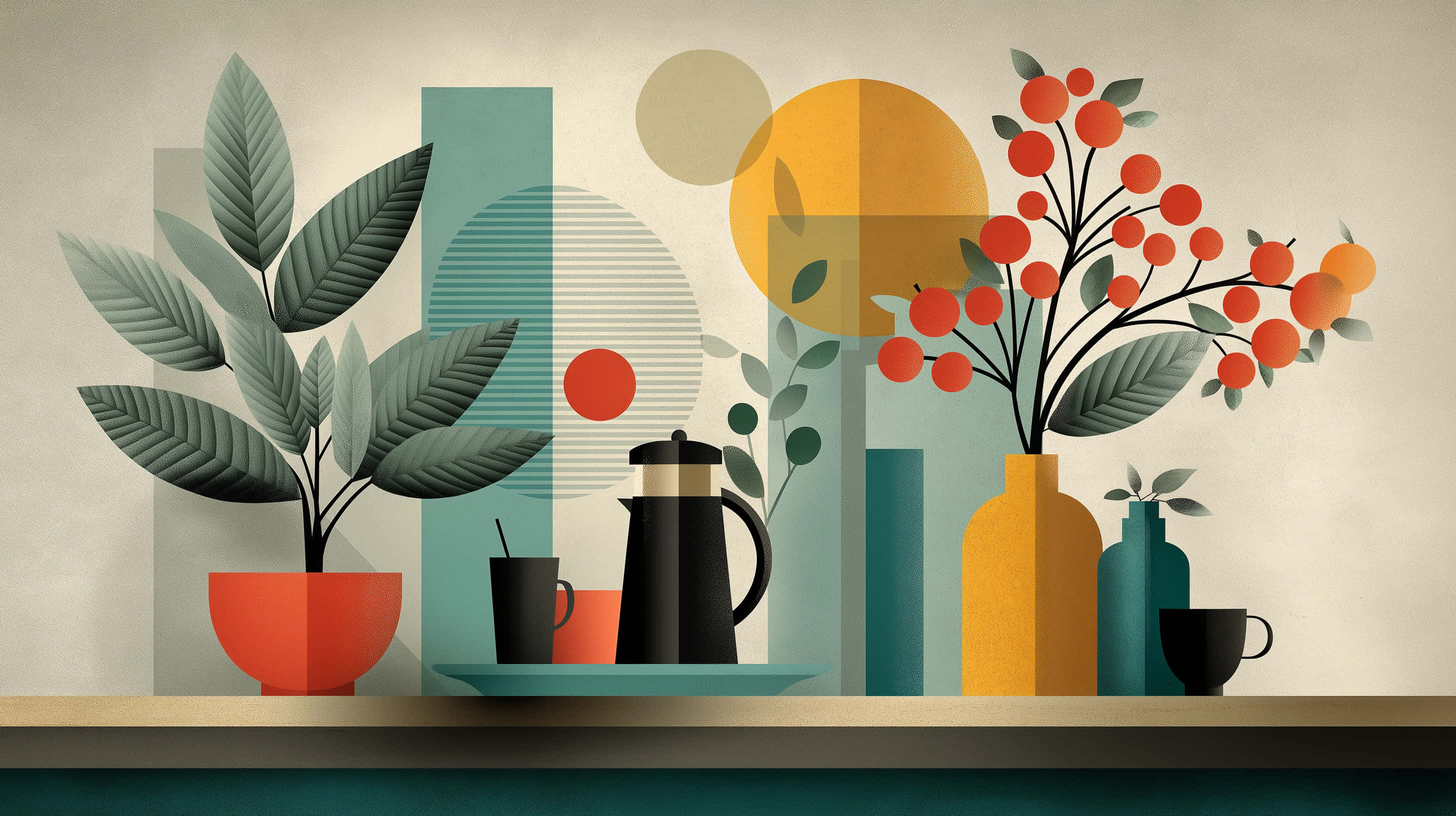 retro kitchen, mid century modern style, potted plants, 2K Desktop Wallpaper