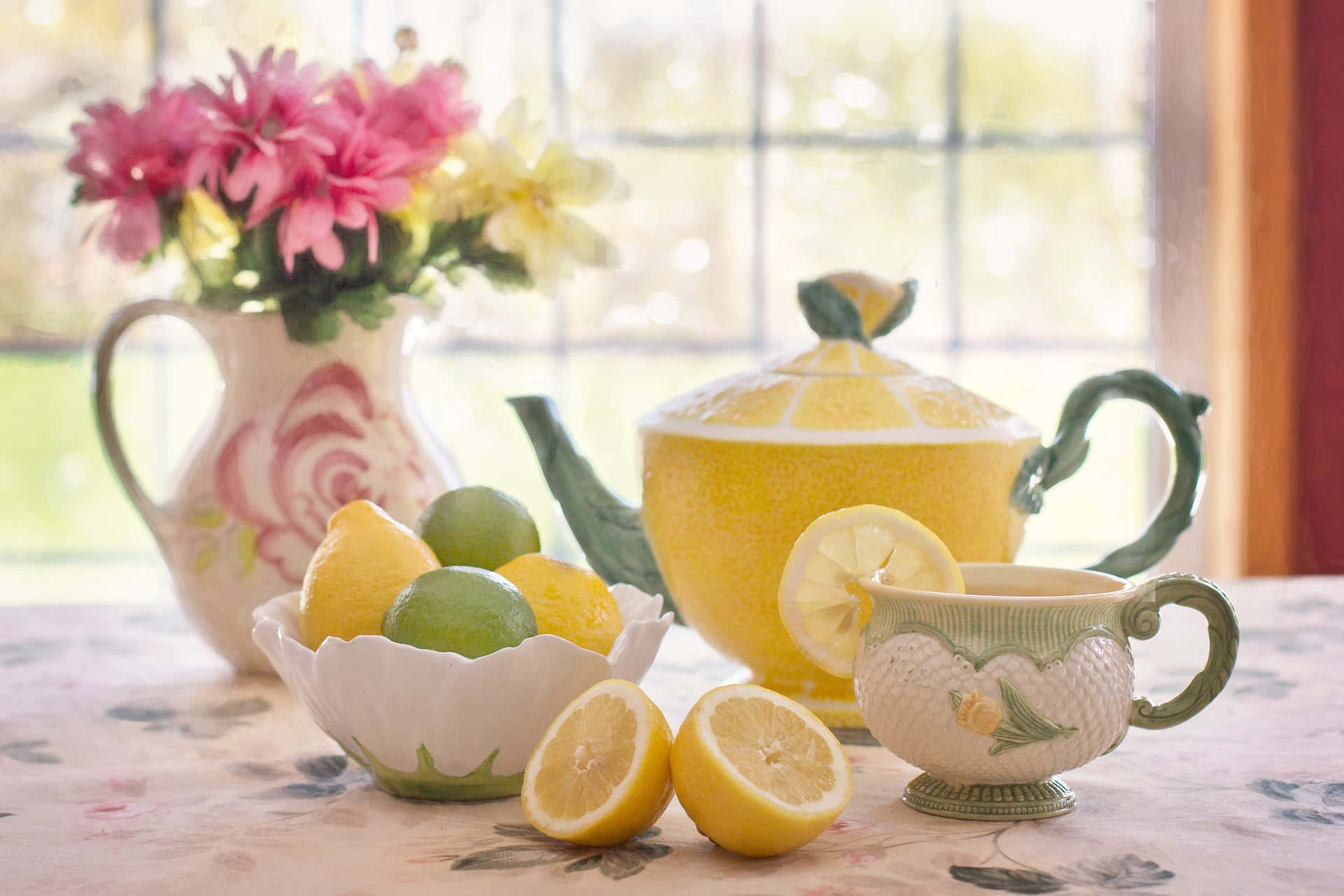 Still Tea Lemon Pot, lemon-themed teapot, floral vase, Full HD Desktop Wallpaper