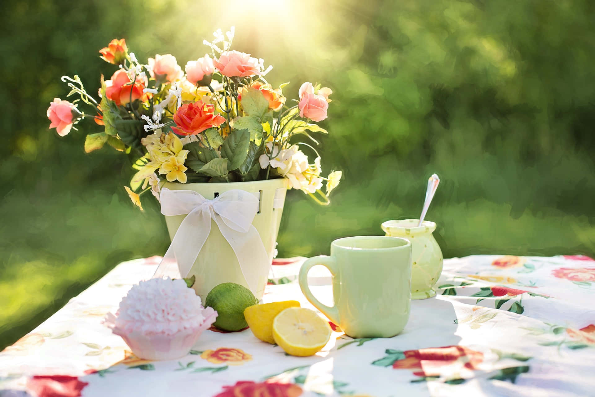 Still Lemon Tea, floral arrangement, lemon slices, Full HD Desktop Wallpaper