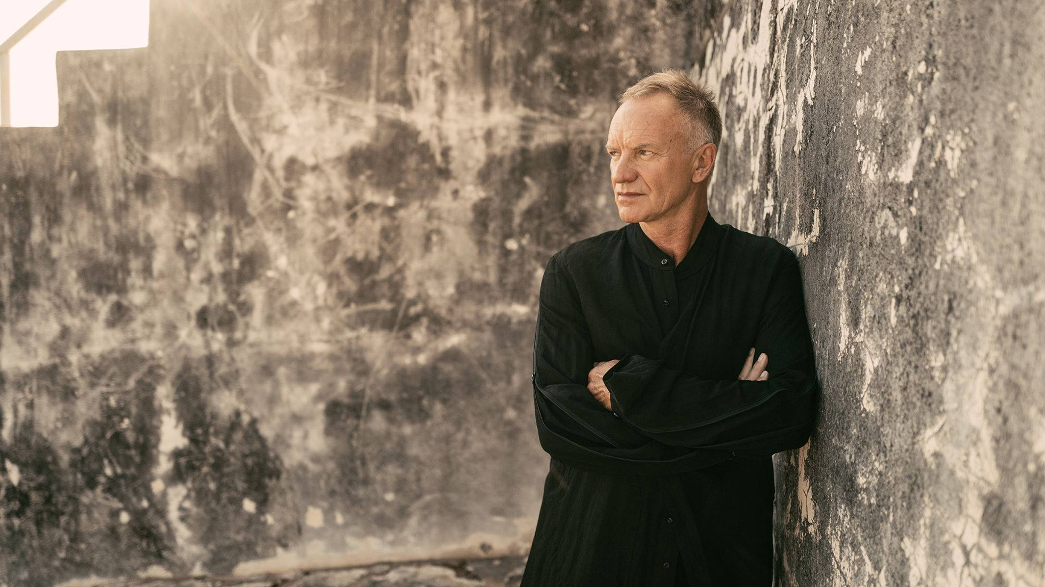 Sting, black shirt, weathered concrete wall, Full HD Desktop Wallpaper