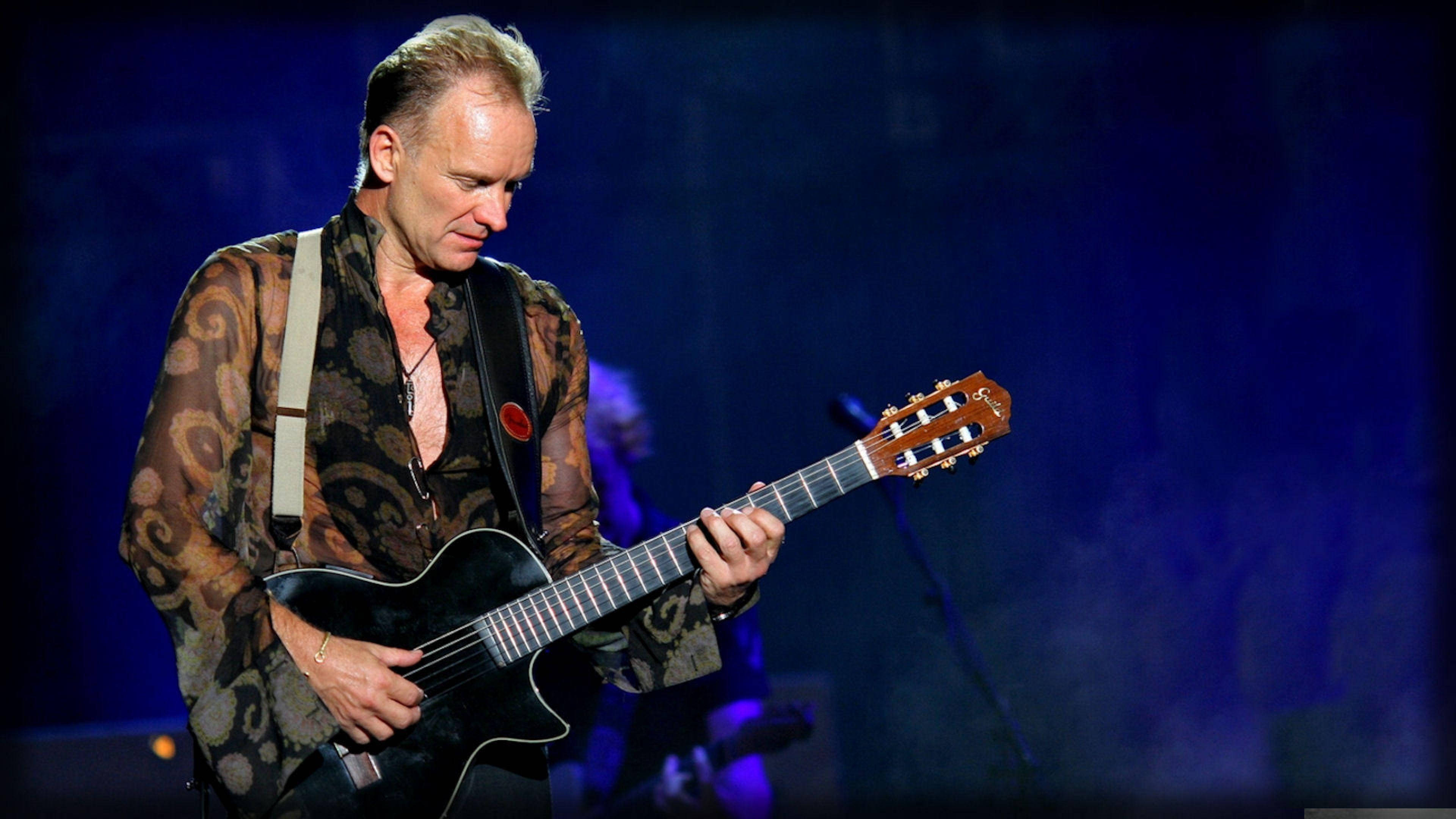 Sting, blond hair, black electric guitar, 4K Desktop Wallpaper