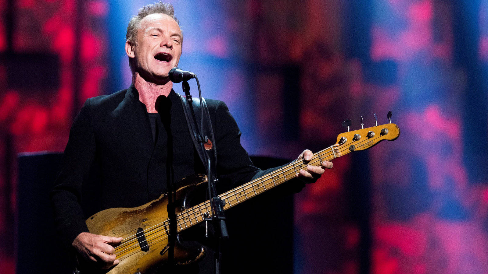 Sting, sunburst bass guitar, red and blue lights, HD Desktop Wallpaper
