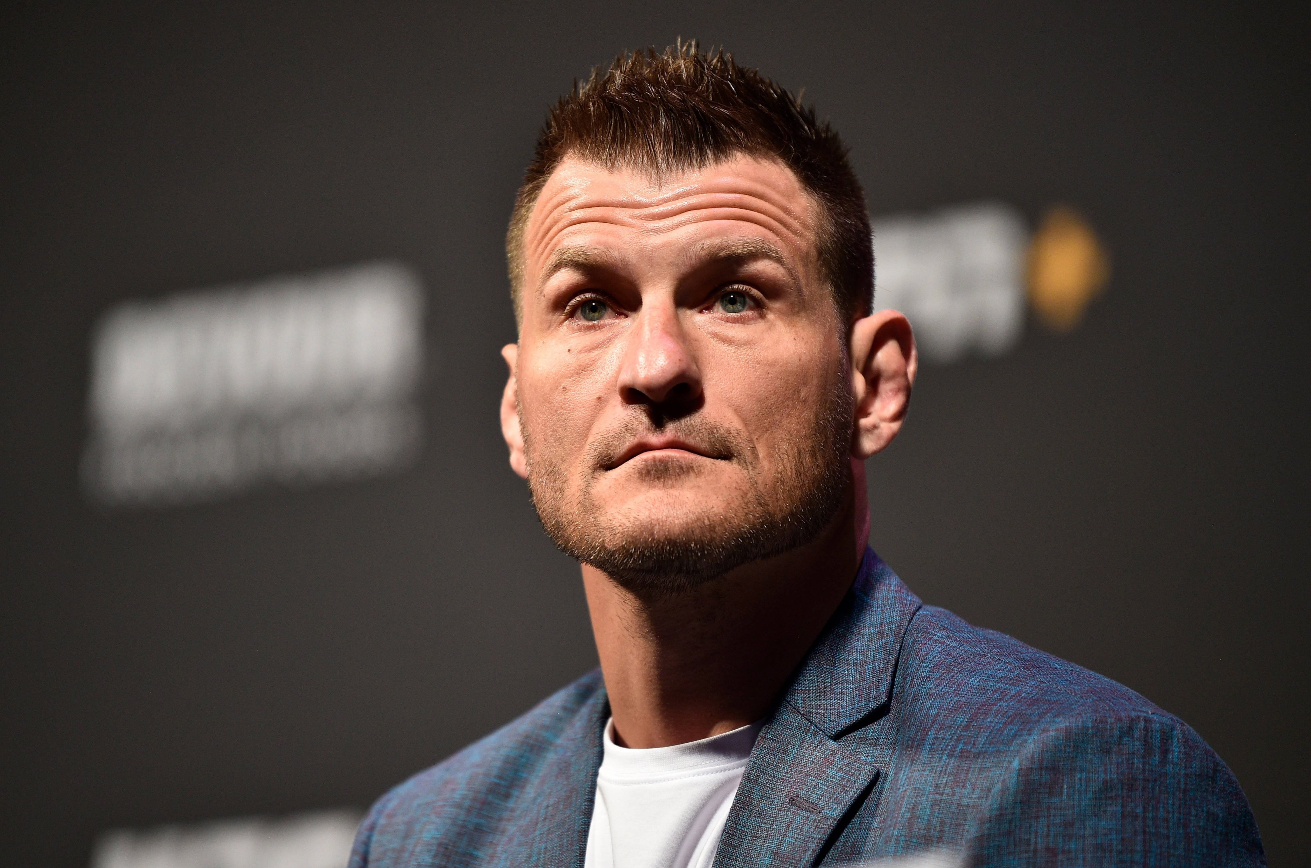 Stipe Miocic, blue textured blazer, white t-shirt, 4K Desktop Wallpaper