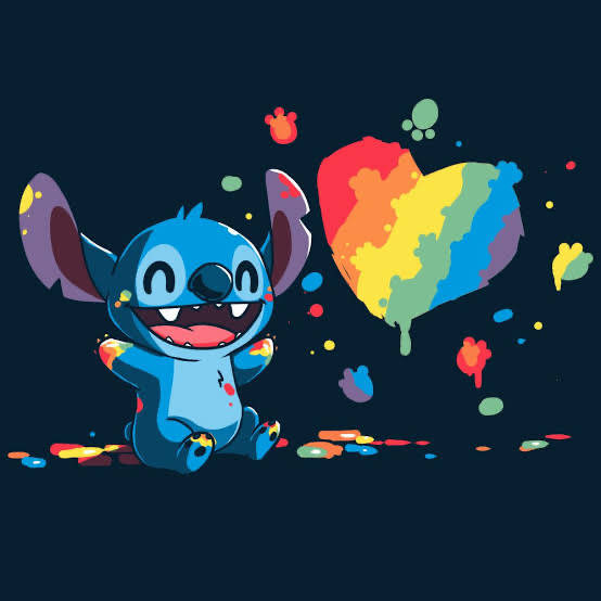 Rainbow Heart Stitch, blue alien character, rainbow paint splatters, SD Desktop Wallpaper