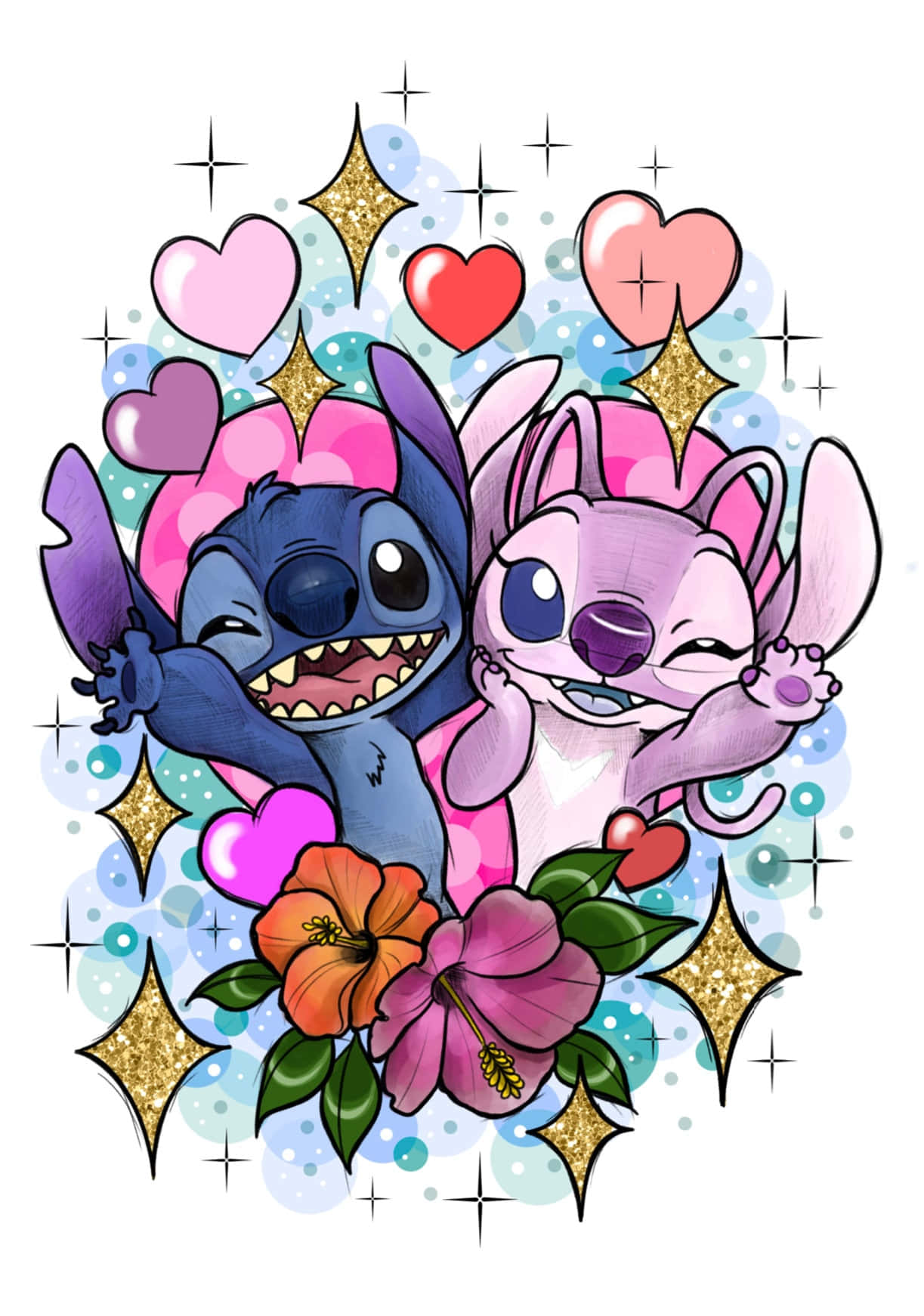 Stitch, angel, hearts, HD Phone Wallpaper