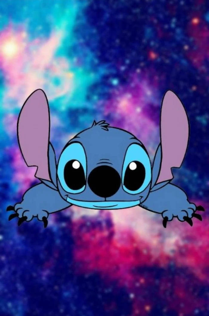 Stitch, red and blue backdrop, vibrant cosmic nebula, SD Phone Wallpaper