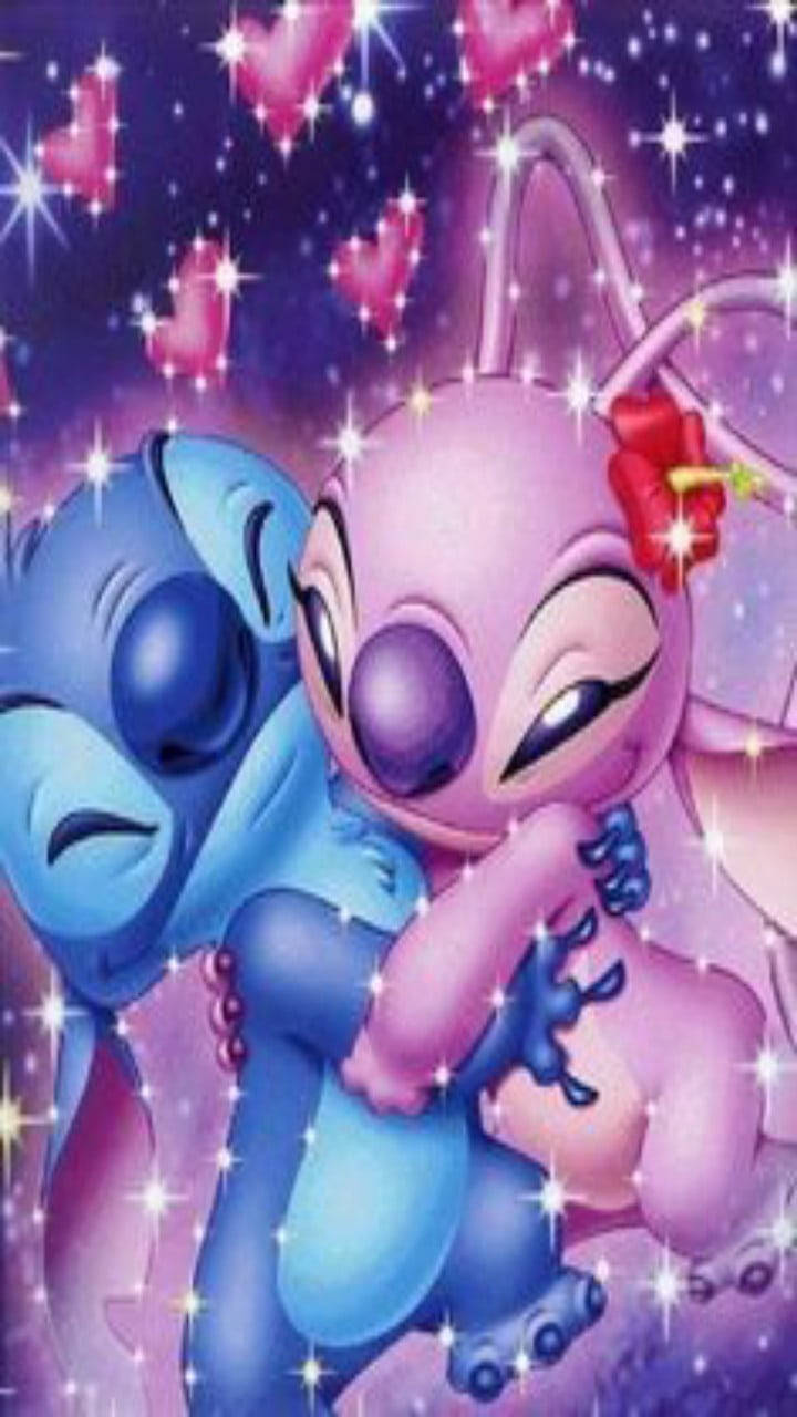 Stitch, Angel, glitter hearts, HD Phone Wallpaper
