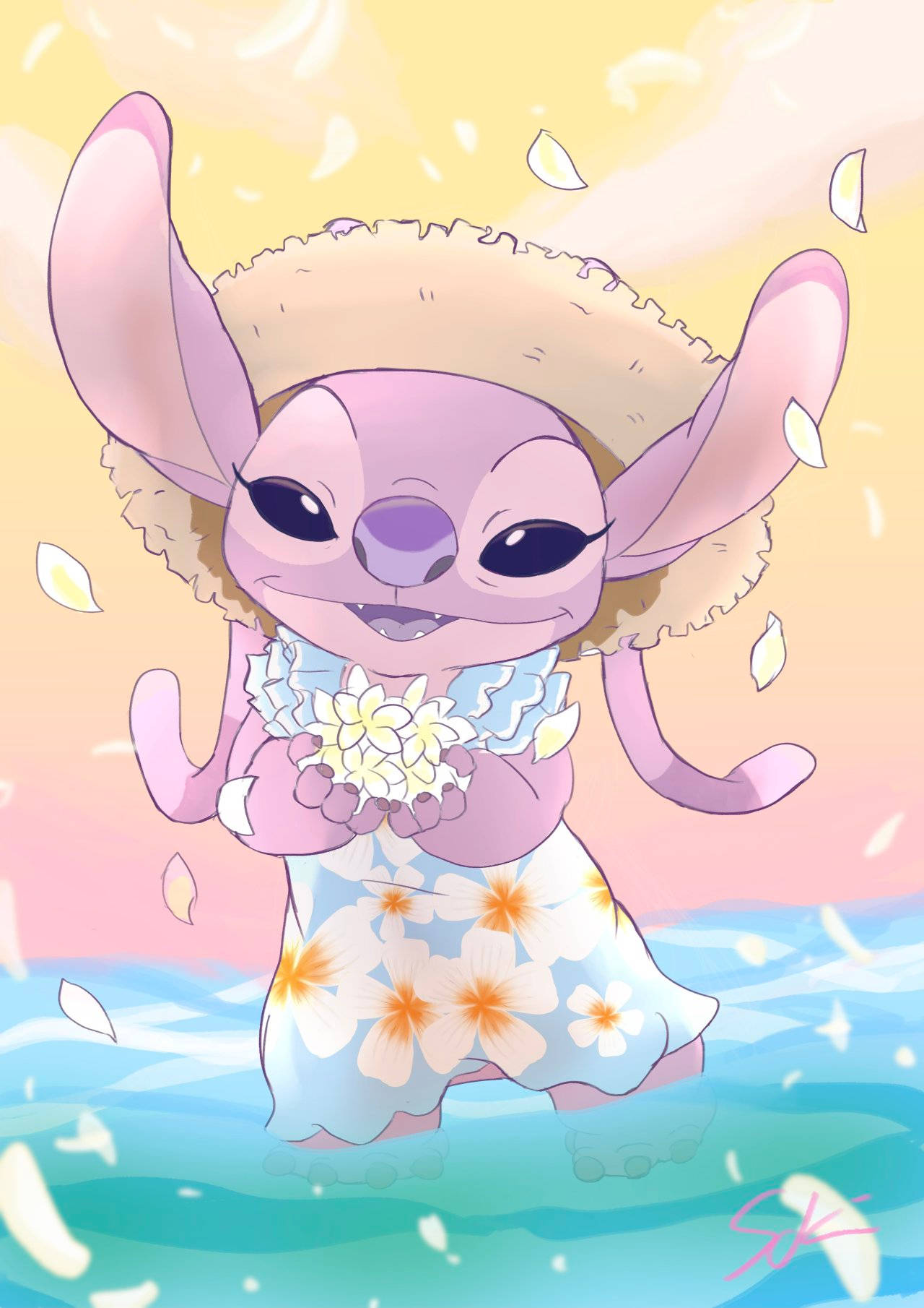 Pink Stitch, floral dress, straw hat, HD Phone Wallpaper