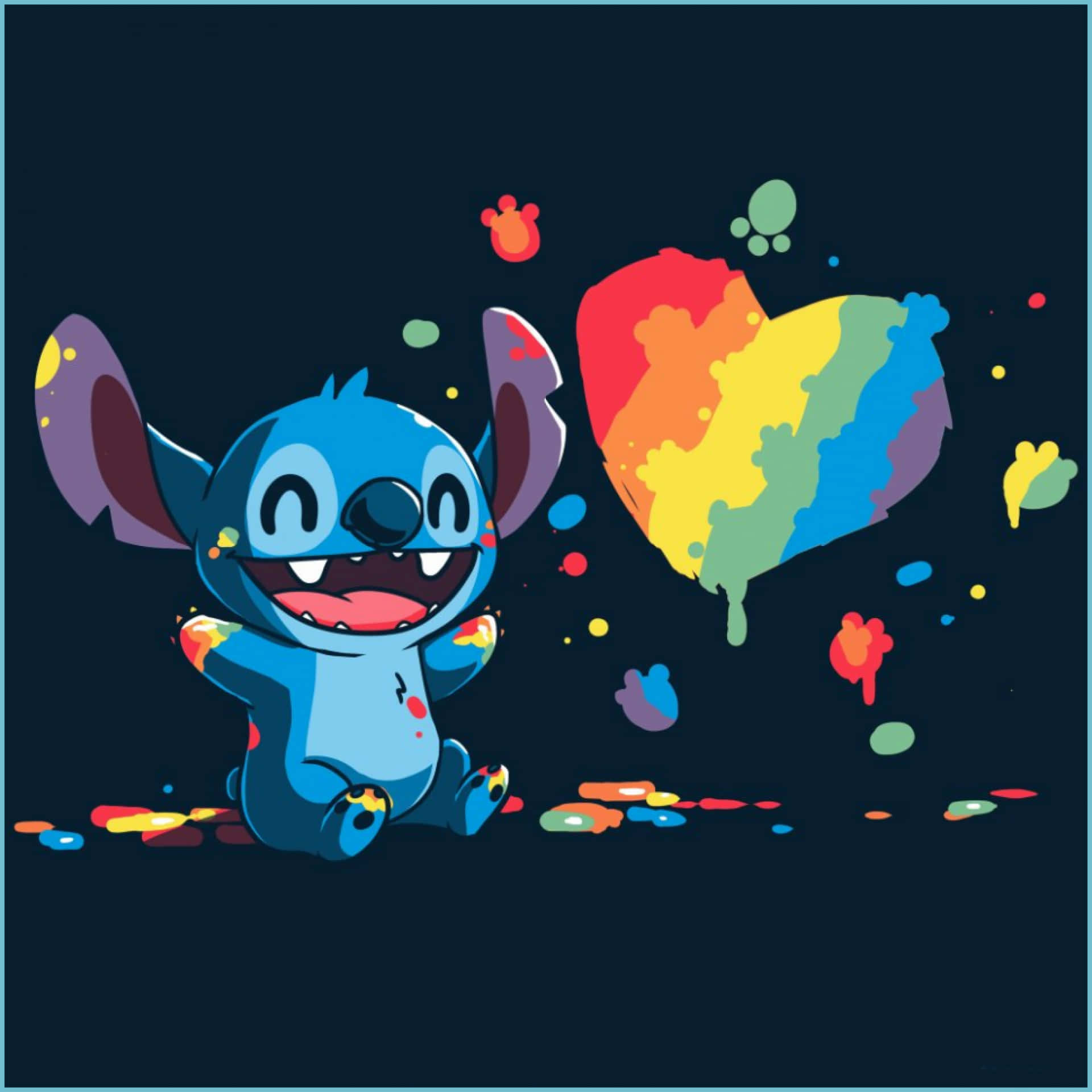 Stitch Computer, blue alien character, paint splatters, Full HD Desktop Wallpaper