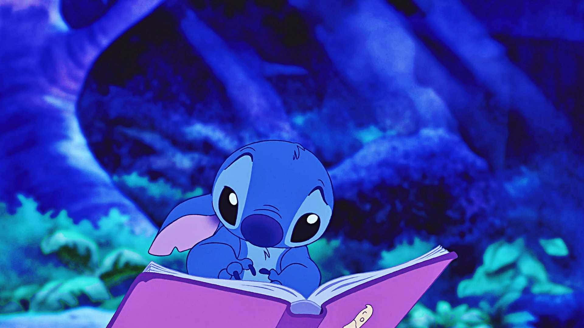 Stitch, blue alien character, purple book, Full HD Desktop Wallpaper