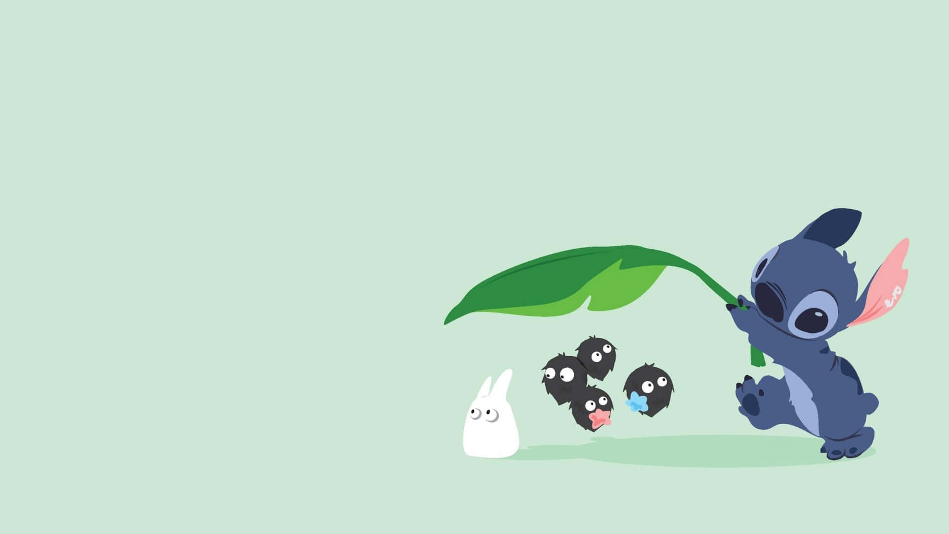 Stitch, leaf umbrella, white rabbit, Full HD Desktop Wallpaper