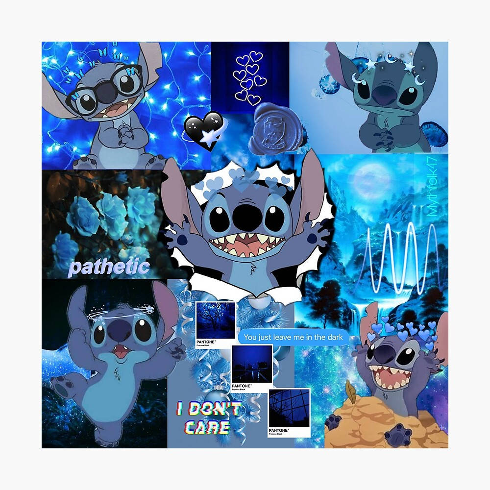 Stitch, blue-themed poses, hearts lights, SD Desktop Wallpaper