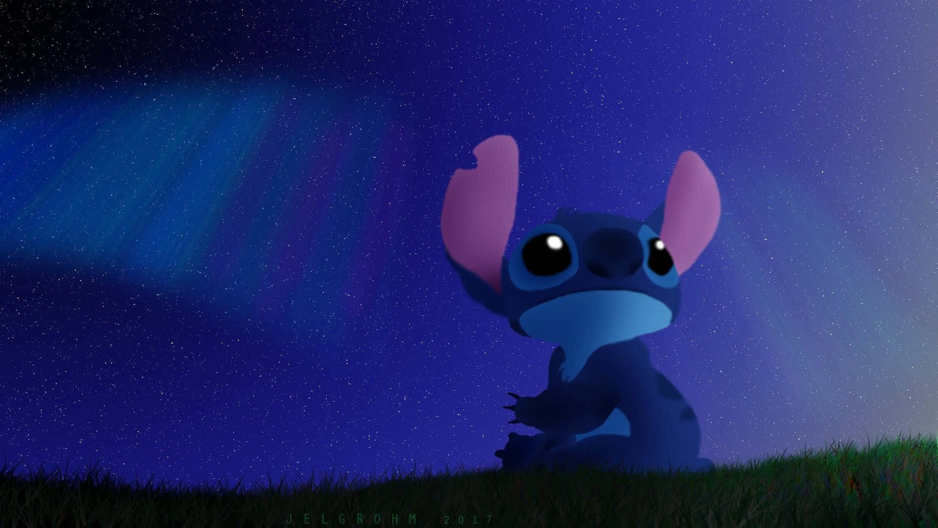 Stitch, starry night sky, vibrant auroras, Full HD Desktop Wallpaper