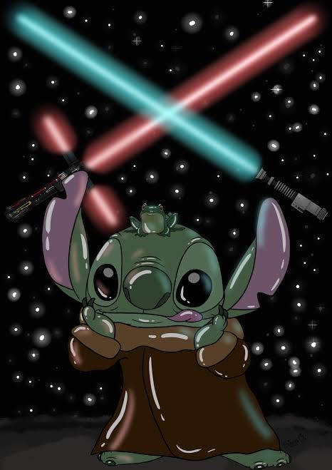 Stitch, red and blue lightsabers, brown robe, SD Phone Wallpaper