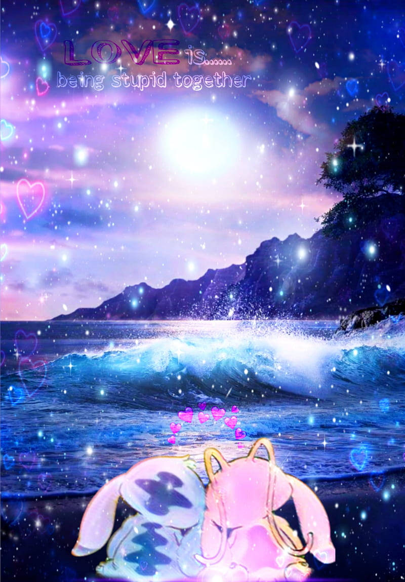 Stitch Galaxy, pink anime-style rabbits, starry beach, SD Phone Wallpaper