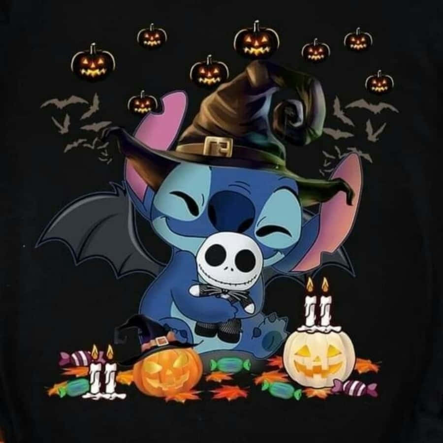 Stitch, witch hat, skeleton-faced doll, SD Desktop Wallpaper