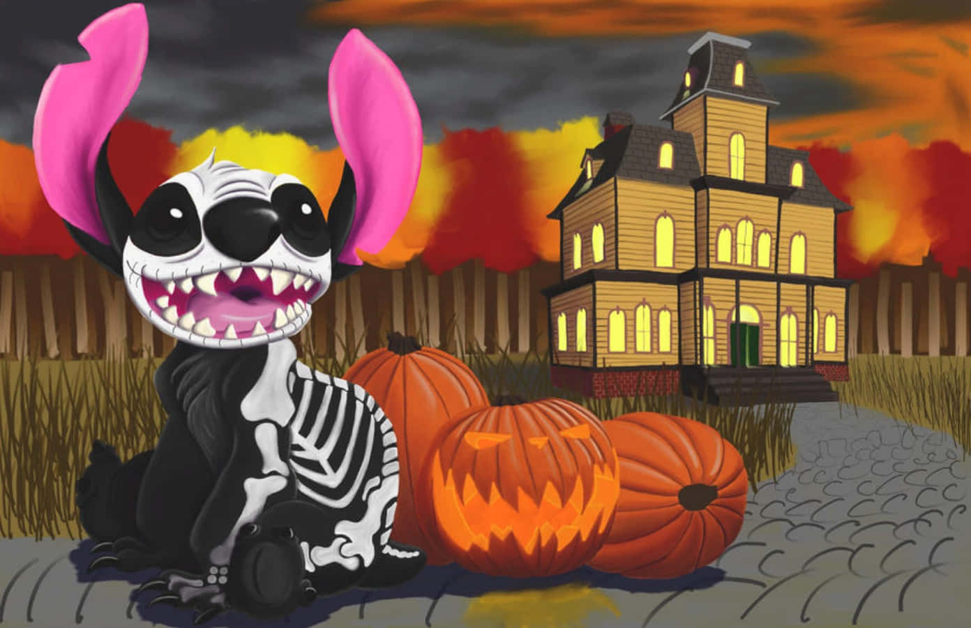 Stitch, skeleton costume, jack-o'-lanterns, HD Desktop Wallpaper