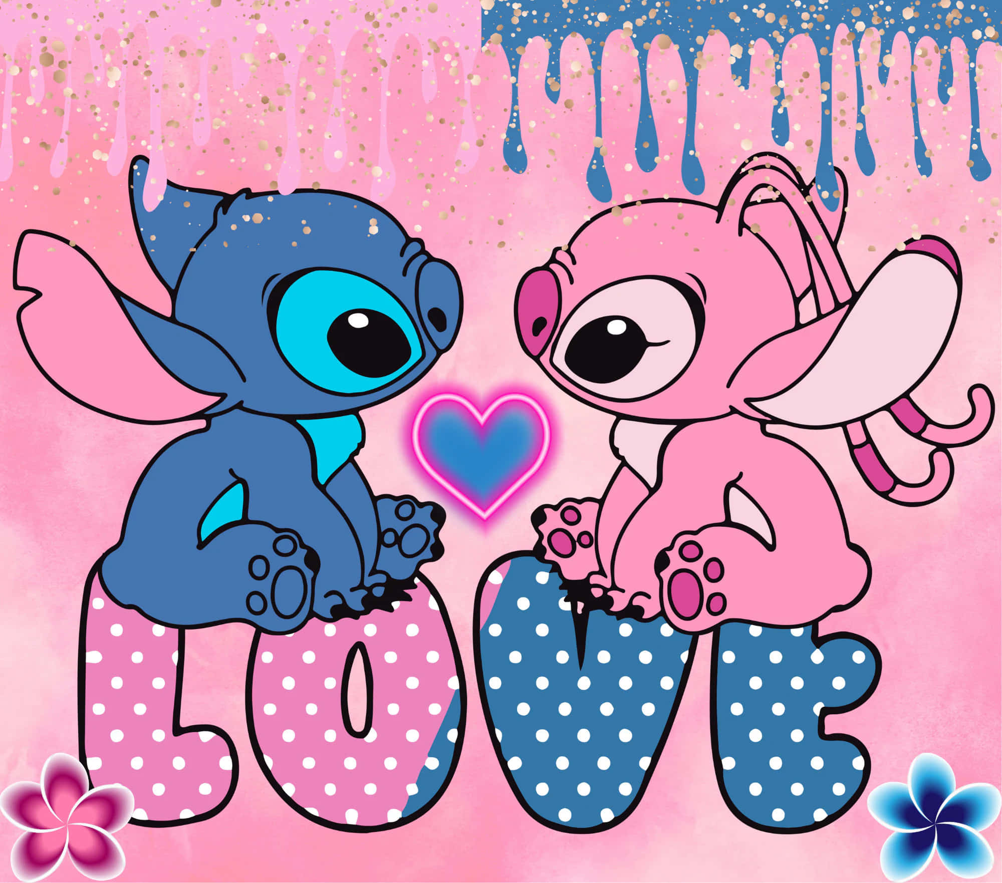 Stitch, glowing heart, pink and blue glitter drip background, Full HD Desktop Wallpaper