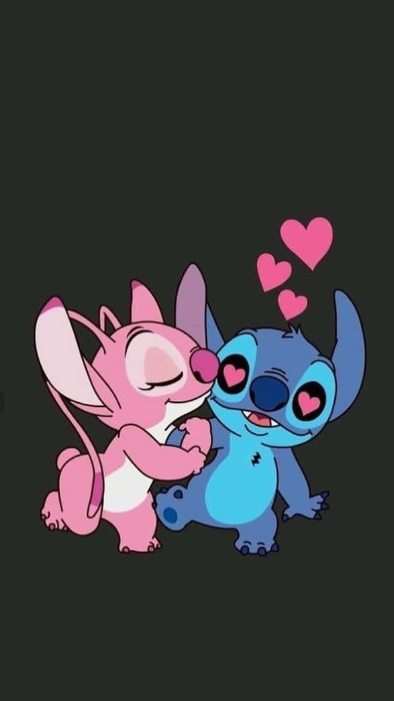 Pink Stitch, blue Stitch, floating pink hearts, HD Phone Wallpaper