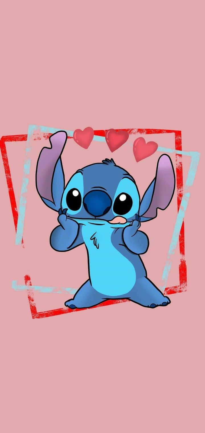 Stitch, hearts, red and blue frame, HD Phone Wallpaper