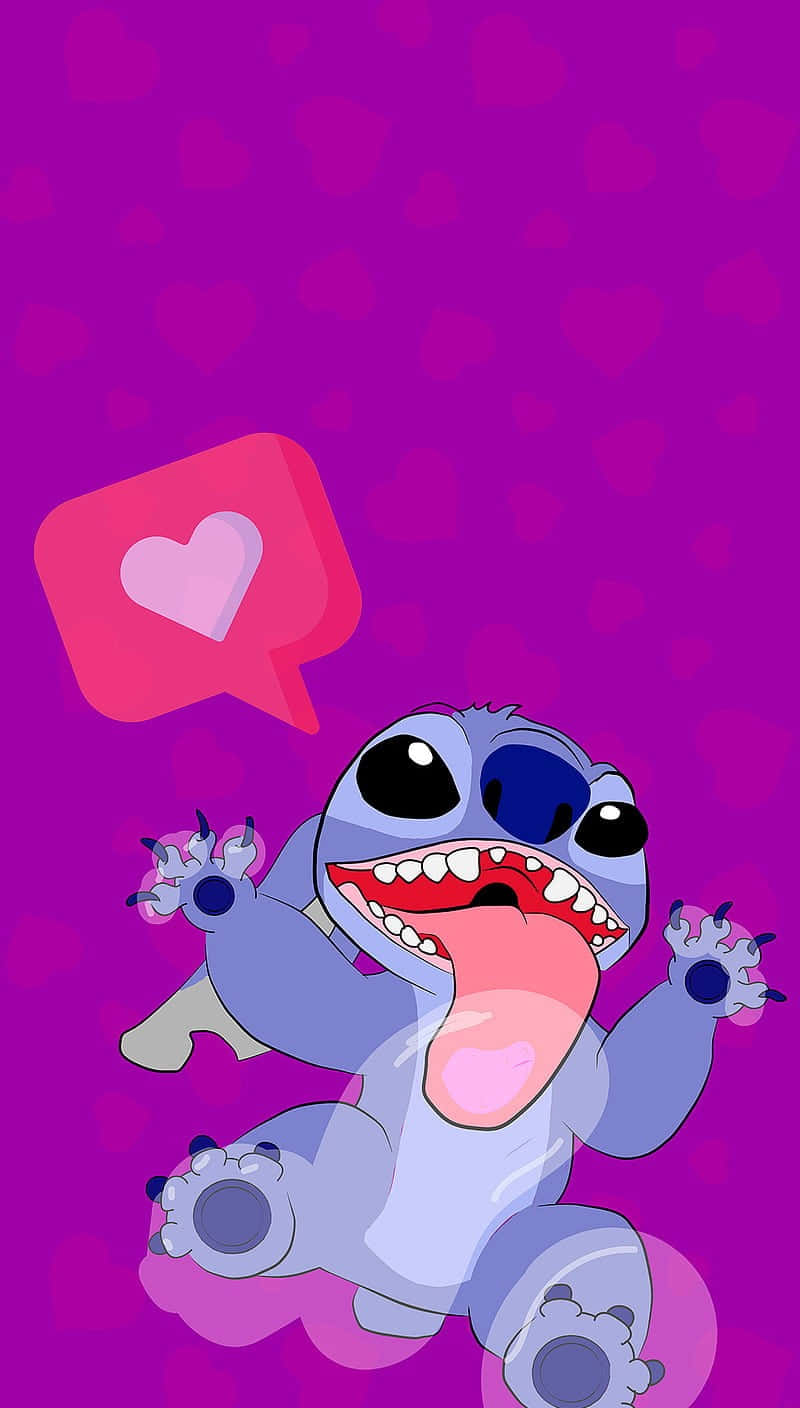 Stitch, purple heart-patterned background, pink heart speech bubble, HD Phone Wallpaper